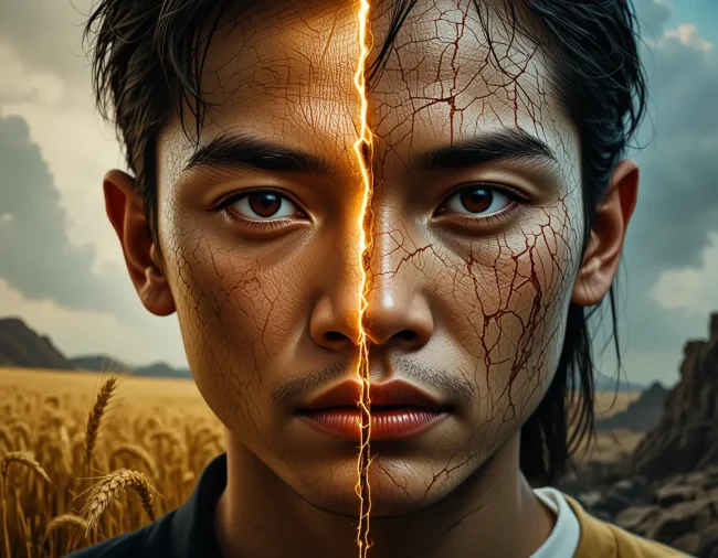 Conceptual portrait of a Filipino person showing the two sides of Amor Propio: one side illuminated with dignity and self-respect, the other shadowed by stubborn pride and sensitivity.