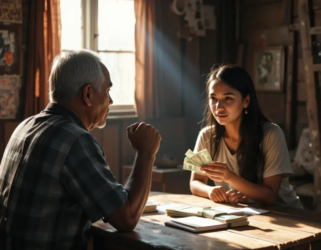 An emotional scene in a Filipino home where an elderly father's Amor Propio, or pride, prevents him from accepting financial help from his daughter, causing family tension.