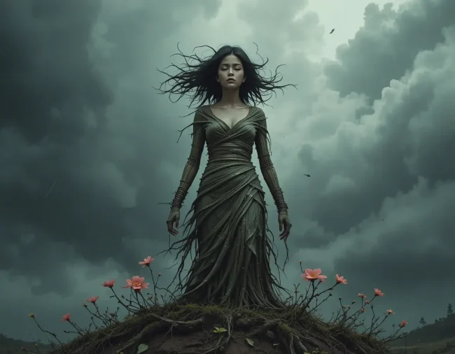 A Filipina figure made of resilient bamboo stands firm against a storm, representing the positive strength, dignity, and unyielding self-respect of healthy Amor Propio.