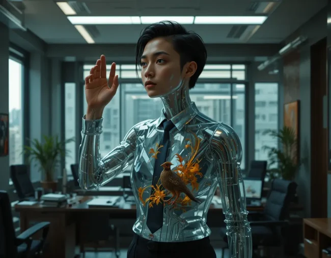 A Filipino professional in a modern office with a body made of fragile glass, symbolizing the internal pressure and delicate self-worth associated with Amor Propio in business and workplace ethics.