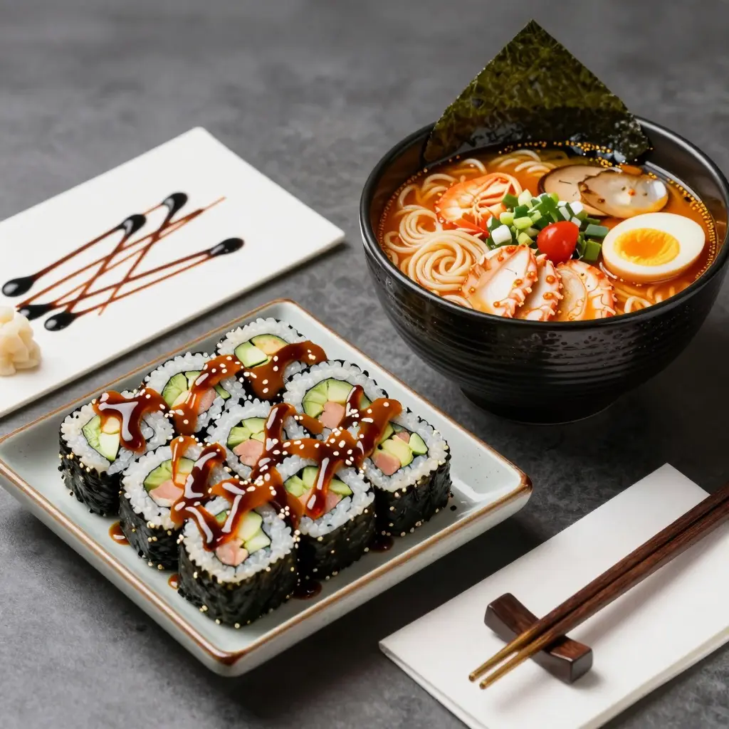 A Filipino-Japanese fusion platter featuring adobo sushi rolls, sinigang ramen, and artistic modern plating.