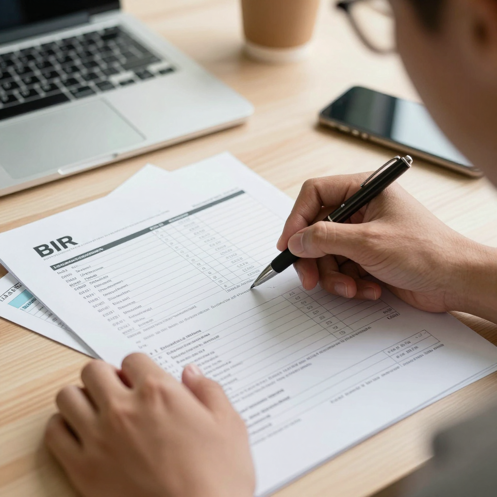 A Filipino accountant reviewing a BIR tax assessment document at a desk, highlighting penalty columns with a pen, warm office lighting, close-up angle.