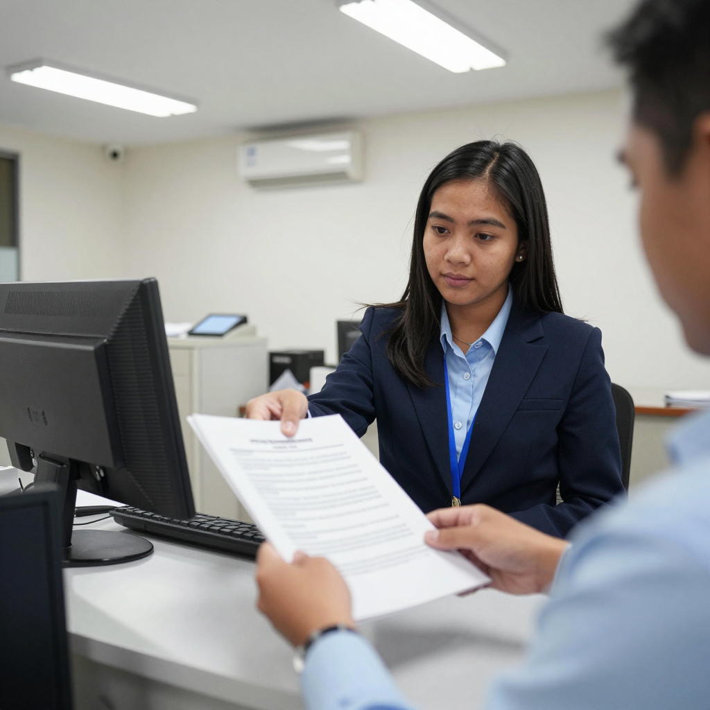 A Filipino professional submitting documents to a government counter officer at a Bureau of Internal Revenue office, fluorescent lighting, eye-level angle.