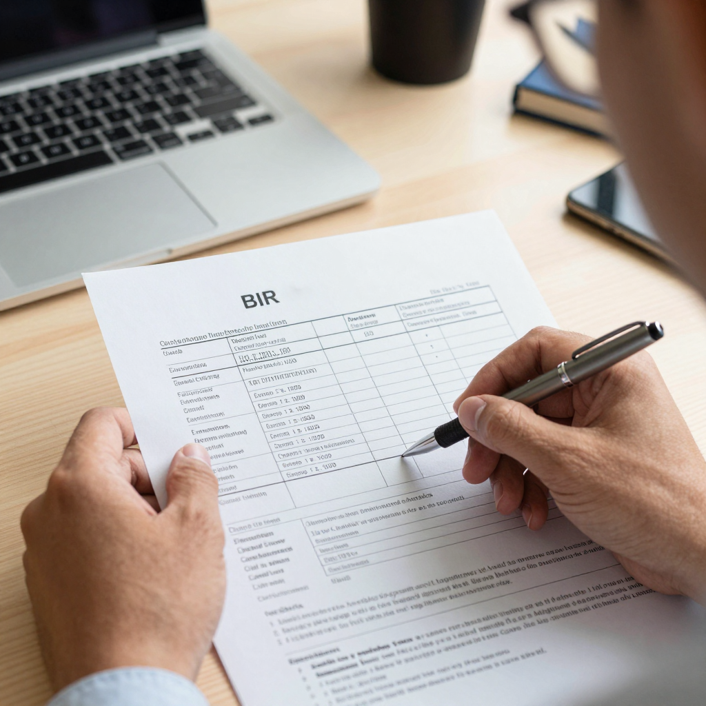 Photorealistic photograph of a financial advisor presenting a printed comparison chart of tax relief options to a client across a conference table, soft office lighting, medium shot.