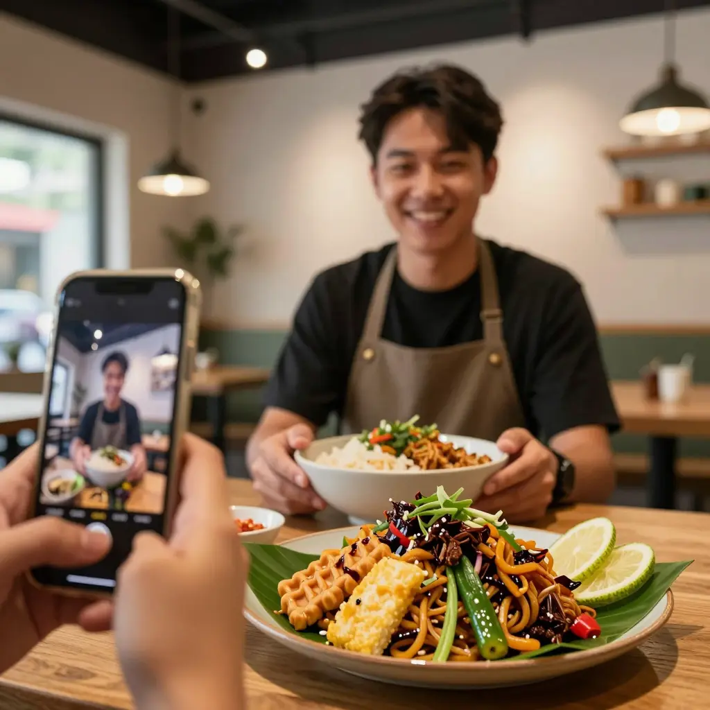 A food entrepreneur photographing a colorful Filipino fusion dish for social media promotion inside a modern café.