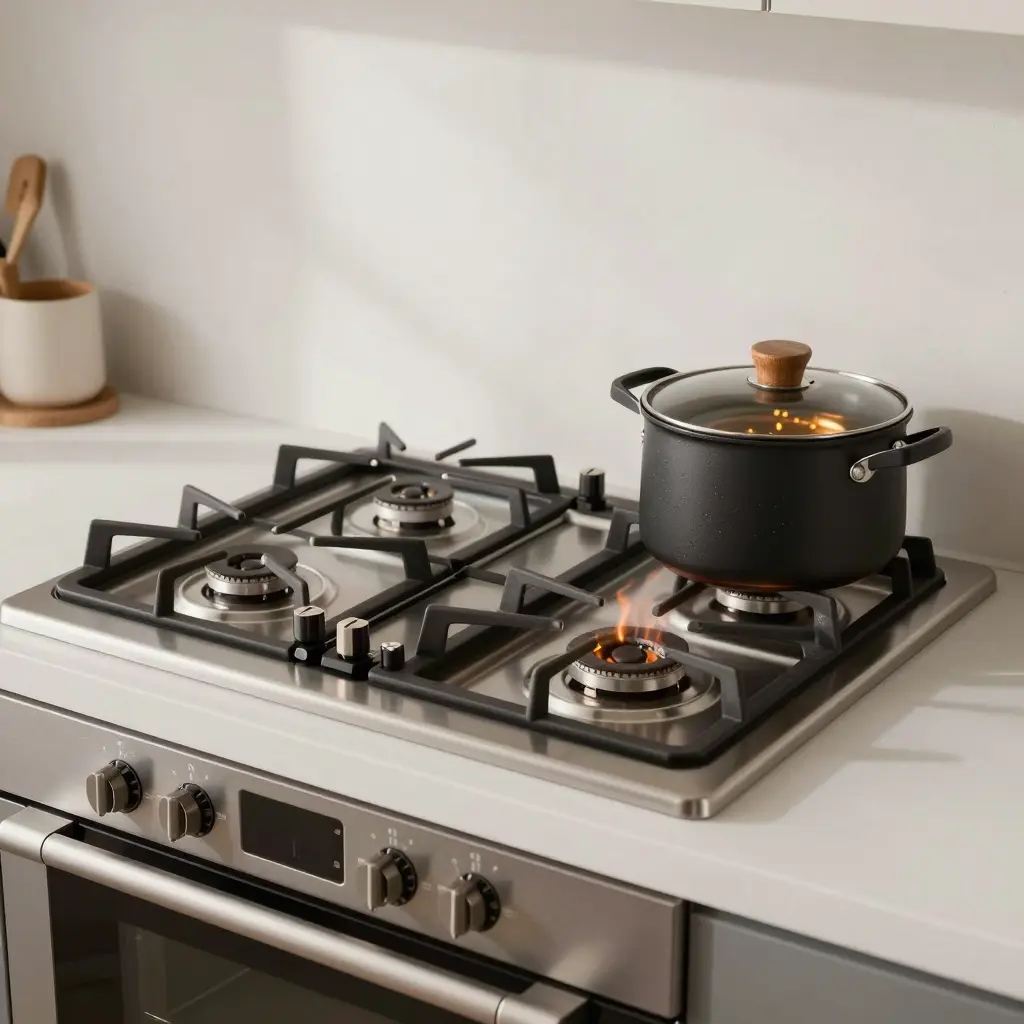 A modern kitchen stove with four active burners, front pots boiling vigorously and back pots simmering gently, warm natural kitchen lighting, eye-level angle.