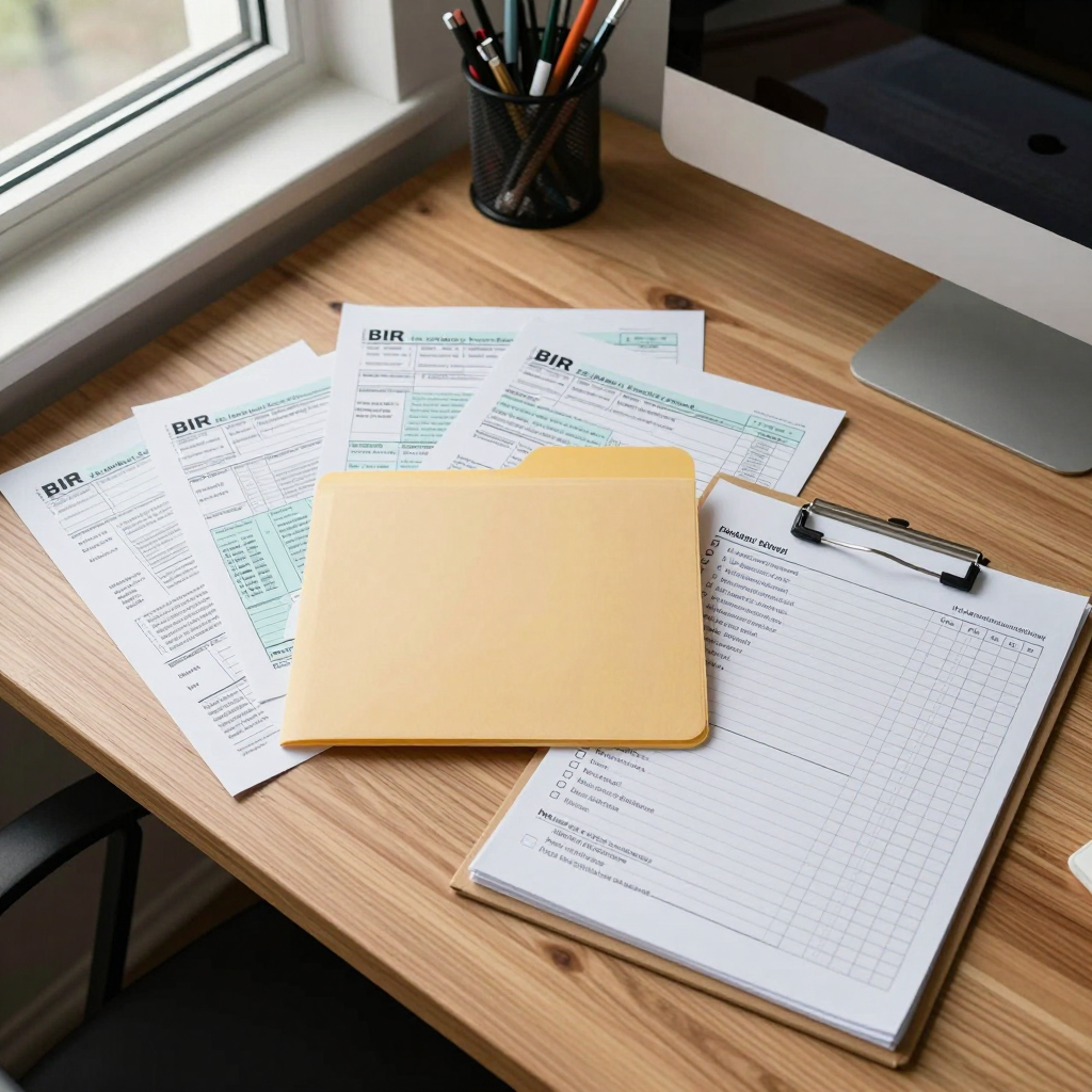 A neatly organized folder set with BIR tax forms, receipts, and a checklist on a wooden office desk, natural daylight from a side window, top-down angle.