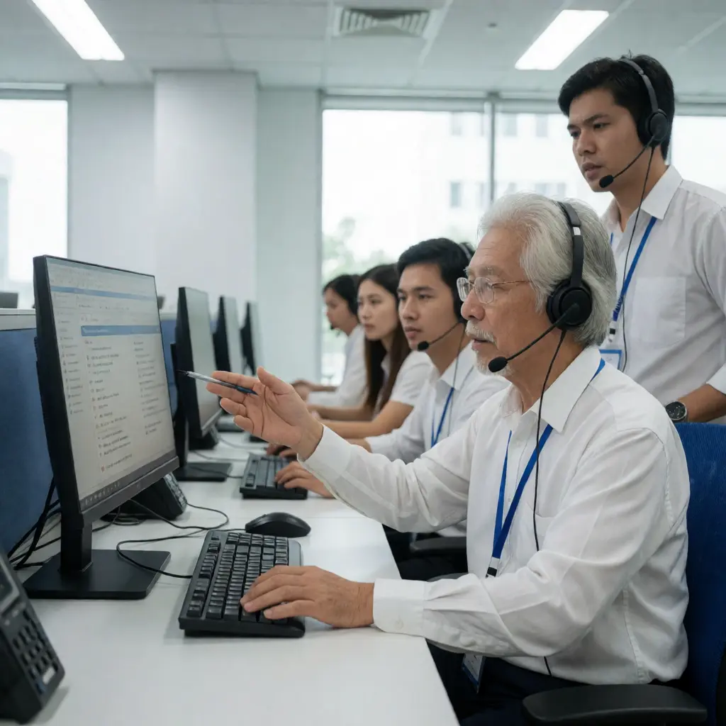A senior BPO agent explaining a process on a computer screen to three junior agents in a modern Philippine call center, bright office lighting, eye-level angle.