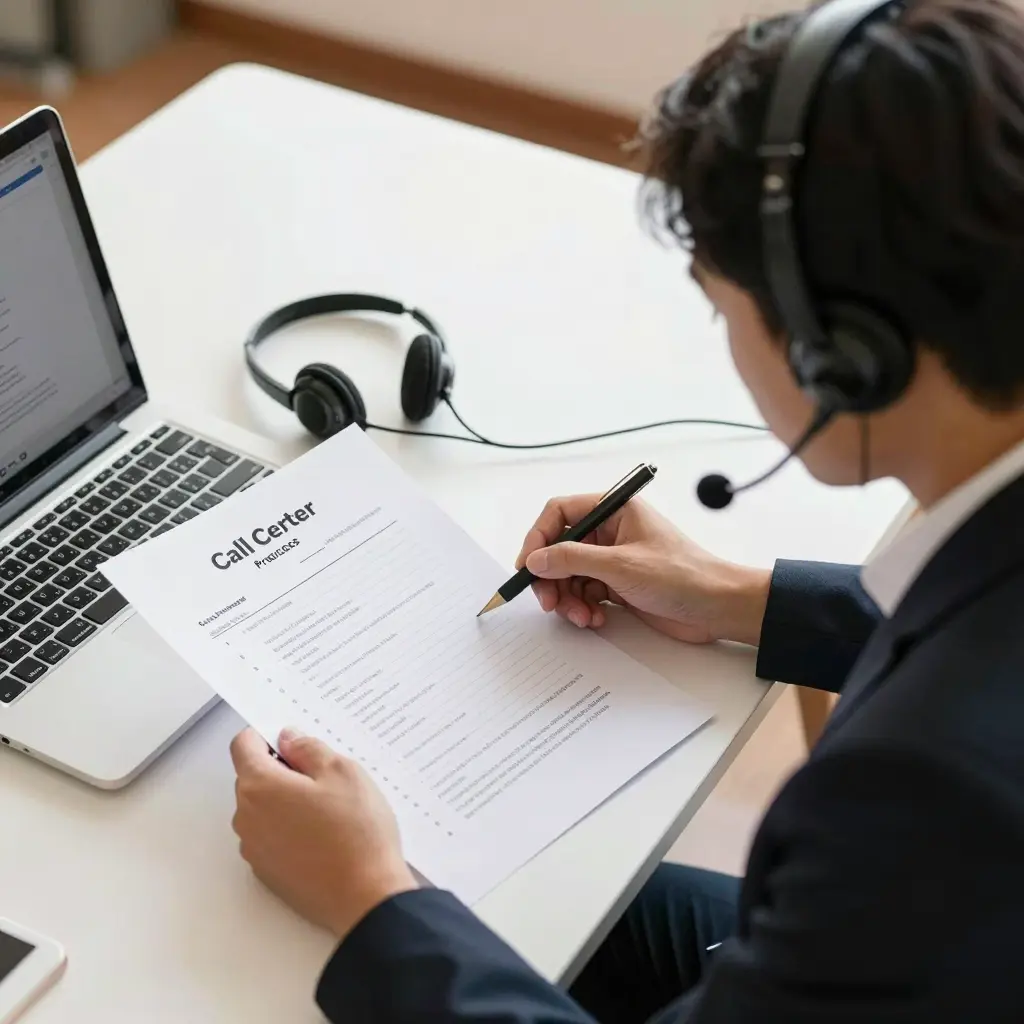 A young Filipino professional reviewing printed call center process documents at a clean desk with a headset and laptop nearby, warm office lighting, slightly elevated angle.