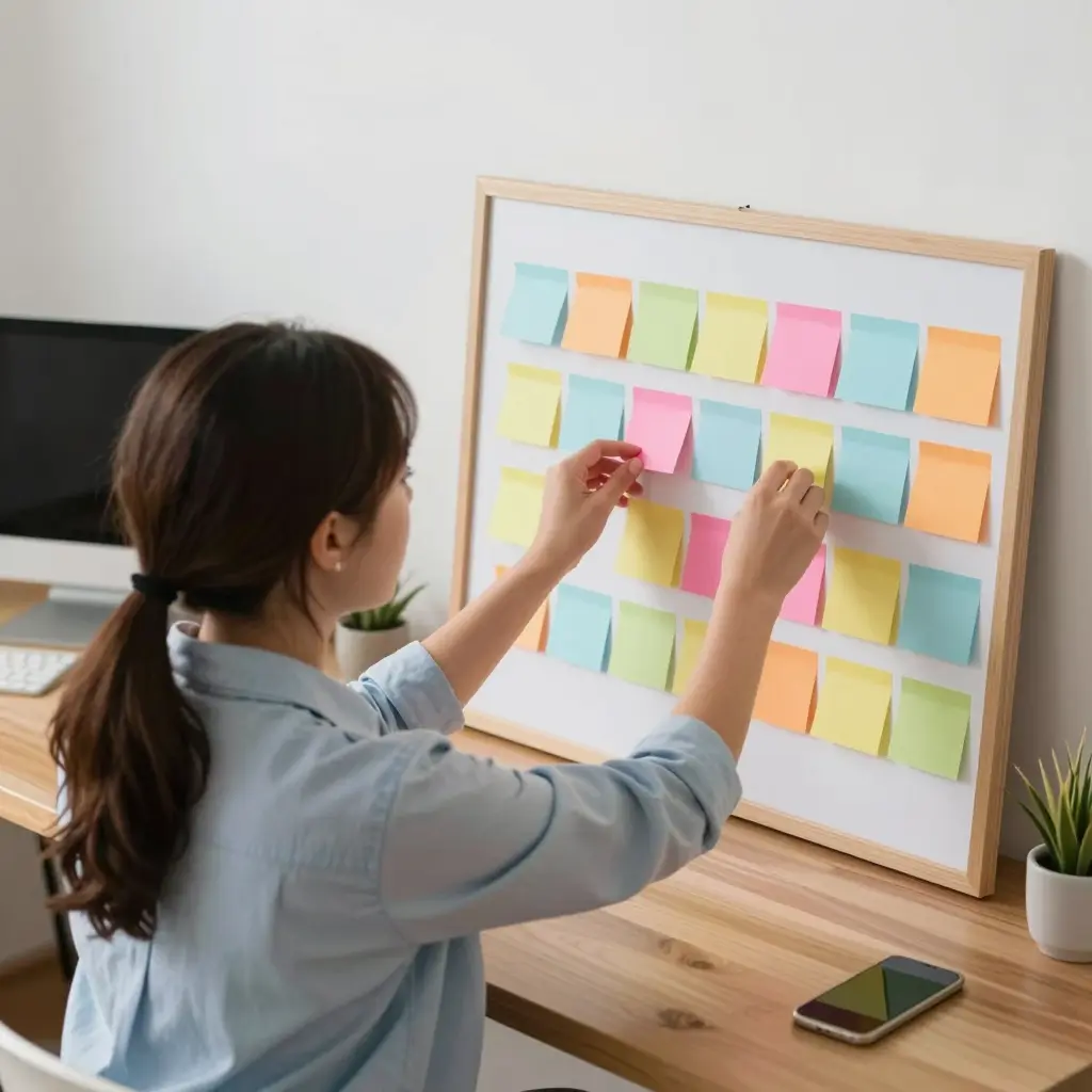 A young woman at a wooden desk organizing colorful sticky notes on a planning board, soft office lighting, slightly overhead angle showing the full workspace layout.