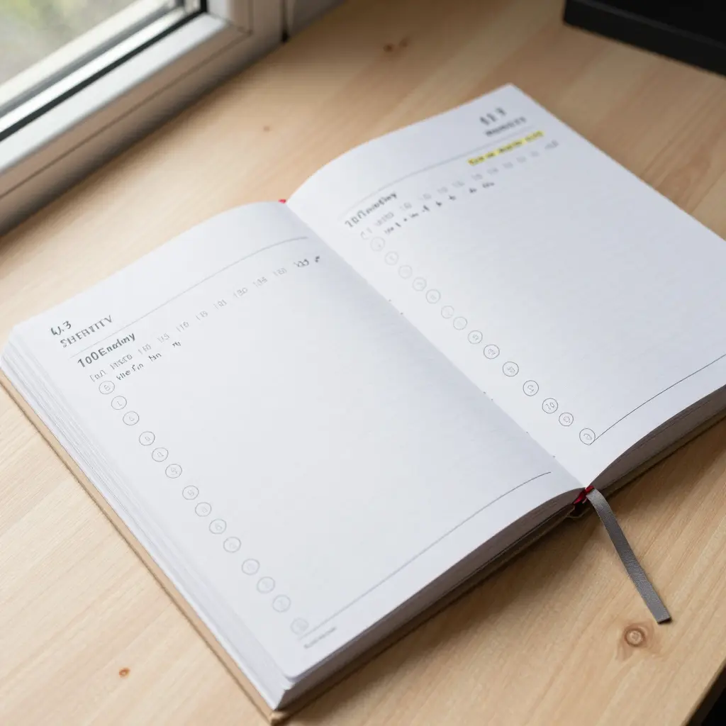 An open paper planner on a light wood desk with circled dates and handwritten notes, natural window lighting from the left, close-up top-down angle.