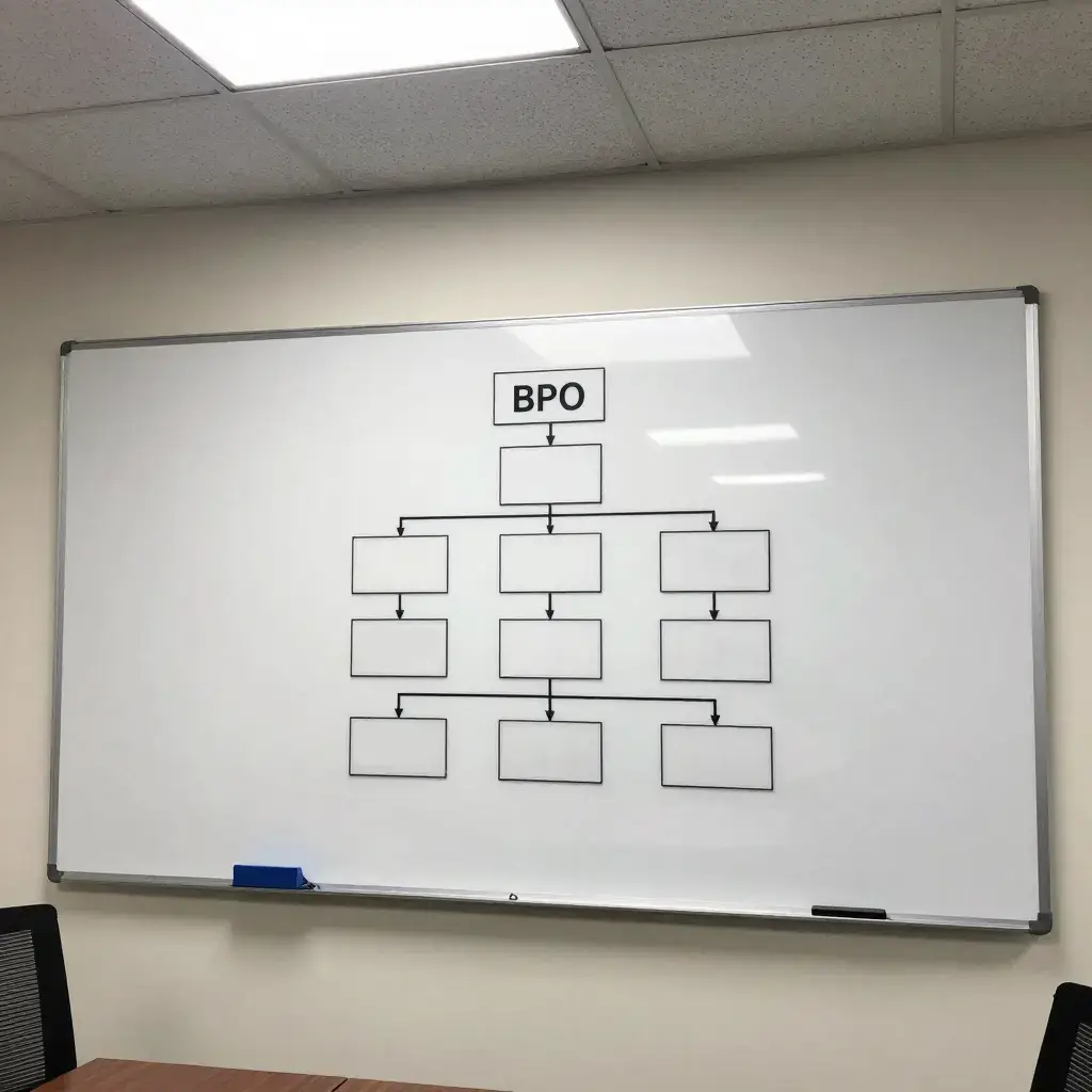 BPO organizational chart on a whiteboard in a Philippine office meeting room, fluorescent lighting, straight-on angle showing role hierarchy clearly.