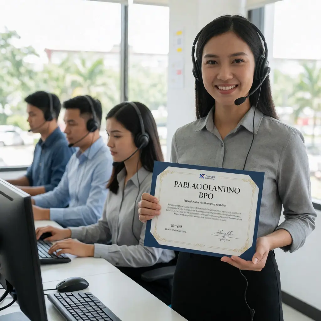 Filipino BPO employee holding a recognition certificate and smiling with teammates in a brightly lit modern call center, natural daylight from windows, eye-level shot.