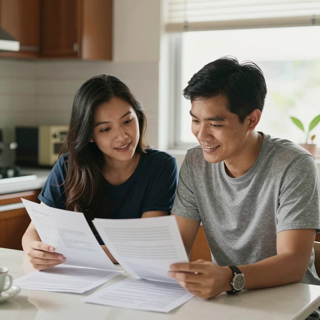 Filipino couple sitting at a kitchen table reviewing financial papers together, warm natural light from a window, eye-level angle, candid mood.