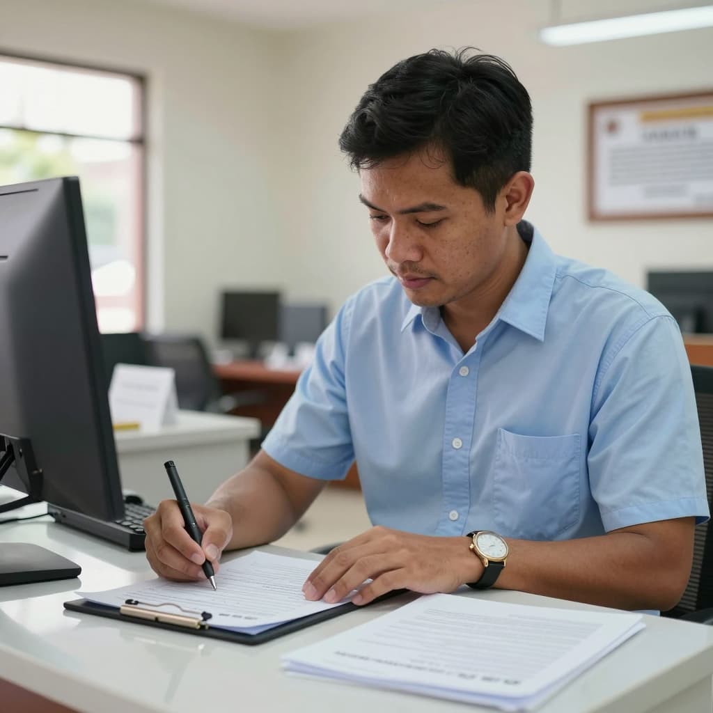 Filipino man in uniform filling out a form at a government office counter, natural daylight, mid-angle shot, soft indoor lighting.