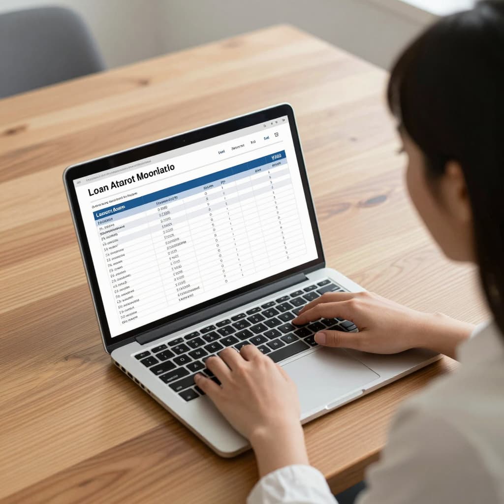 Filipino woman reviewing a loan amortization table on a laptop at a clean wooden desk, warm office lighting, slight overhead angle.