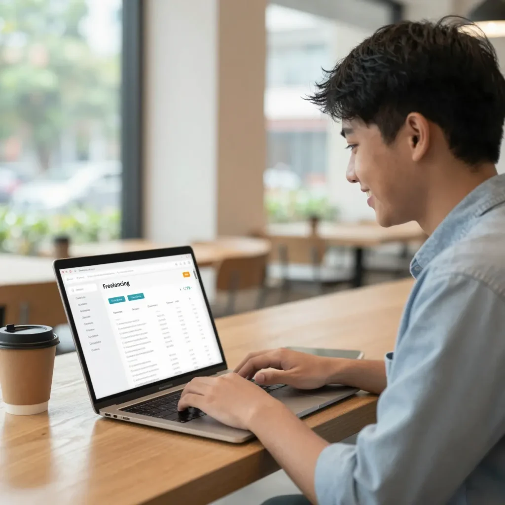 A Filipino college student working on a laptop at a coffee shop near their campus, showing a freelancing platform on screen, to illustrate the online earning environment.