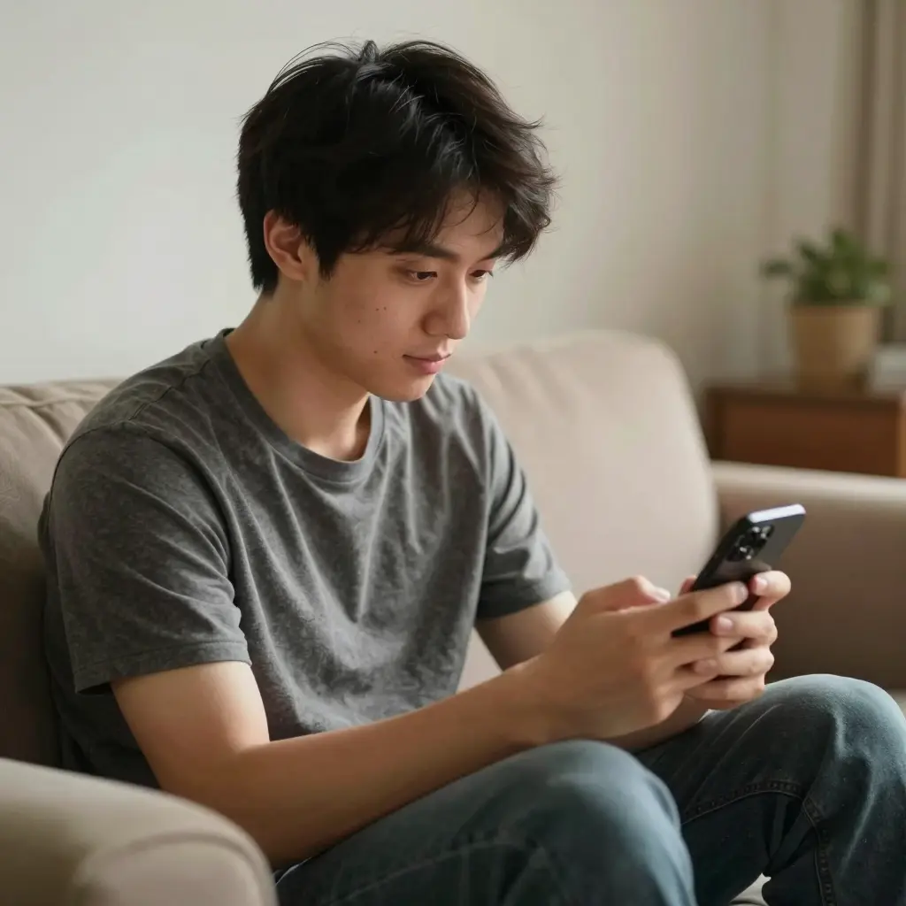 Photo of a man casually scrolling on his smartphone while sitting on a couch, warm living room lighting, shallow depth of field, slightly side-angle perspective.