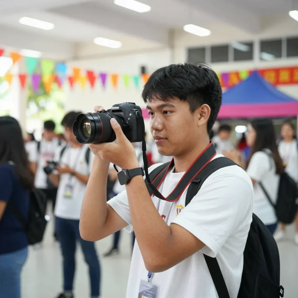 📷 Image Suggestion: A Filipino student photographer capturing a campus event with a DSLR camera, surrounded by fellow students celebrating at a recognition night, to represent event photography as a student income source.
Image Prompt: Professional DSLR photo of a young Filipino student photographer holding a camera at a festive university event, bright indoor event lighting, colorful decorations in background, candid mid-action shot, eye-level perspective.