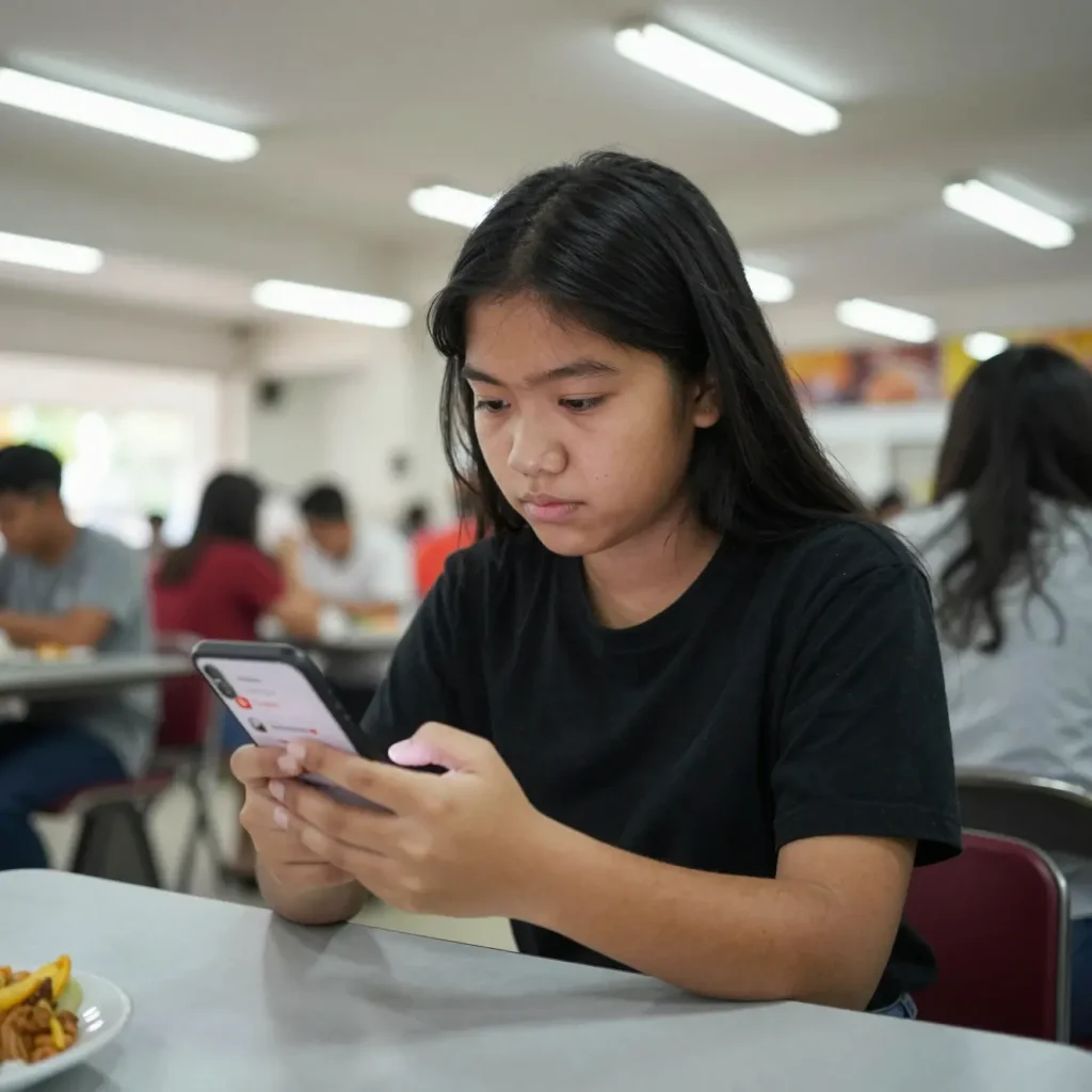  A Filipino student managing their Shopee seller dashboard on a smartphone while sitting in a university canteen, showing the practicality of managing an online store between classes.