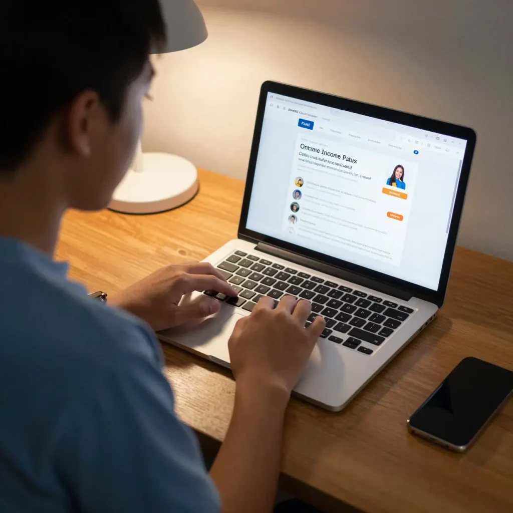 A Filipino student sitting at a study desk at home with multiple browser tabs open showing a survey platform and a freelancing site, demonstrating multitasking income streams.